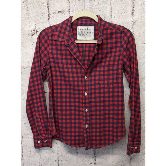Frank & Eileen Barry Red Navy Gingham‎ Mini Plaid Buttondown Shirt sz XS - Picture 1 of 9
